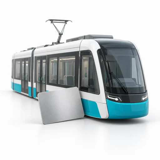 Türkis-weiße Straßenbahn mit Fahrkarte